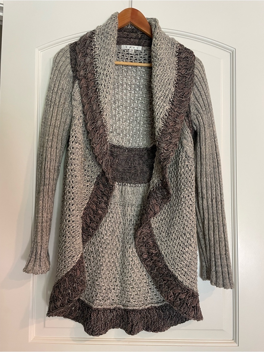 CAbi Women's Colorblock Open-Knit Ruffle Shawl Cardigan Sweater XS Cotton